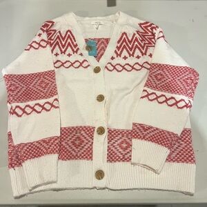 Maurices Red and Cream Patterned Cardigan Sweater